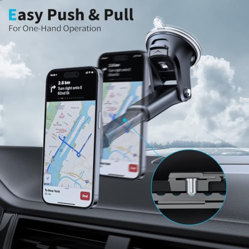 Magnetic Phone Mount, Dashboard Windshield Suction Cup Car Phone Holder Phone Mount with 6 Strong Magnets, Adjustable Telescopic Arm, Compatible with