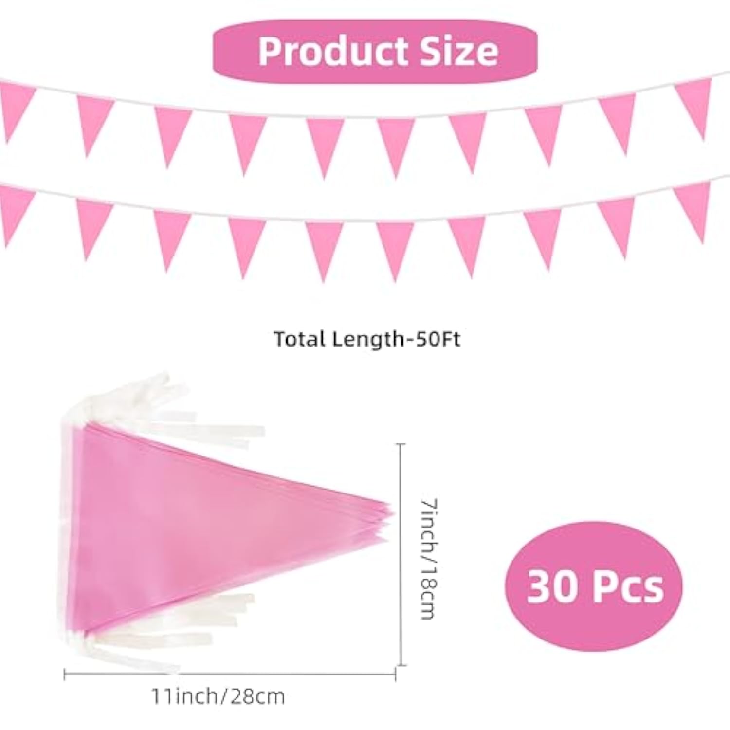 50 Feet 30 Pcs Solid Pink Pennant Banner Flags String Hanging Triangle Diy Flags, Bunting Streamers Decorations For Grand Opening, Birthday, Wedding, Party Celebration (Pink)