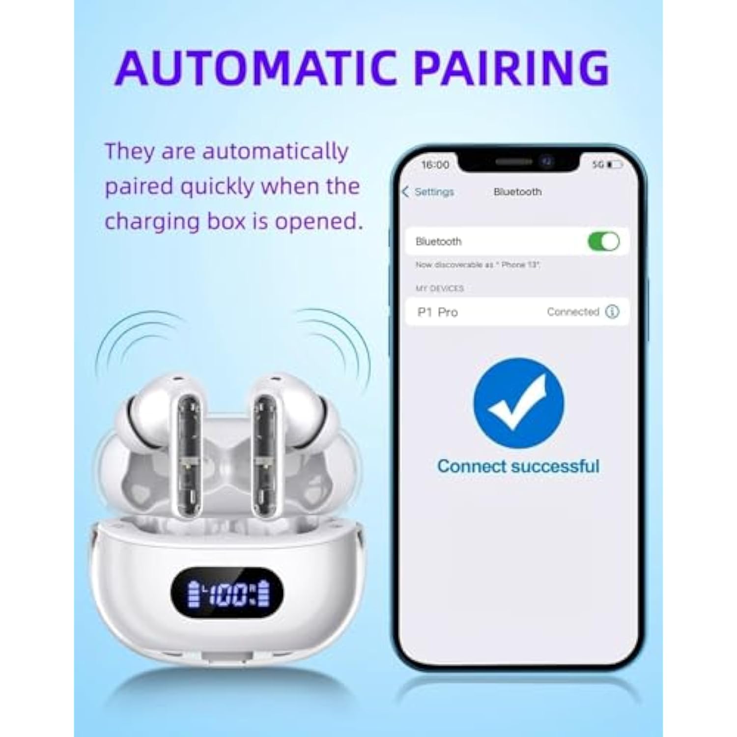 Wireless Earbuds P1 Pro, Earphones Wireless Bluetooth Headphones With Clear Call Mics Ear Buds, Comfortable Fit, Ipx7 Waterproof Headset Long Battery Life, 30H Playtime For Sports Workout