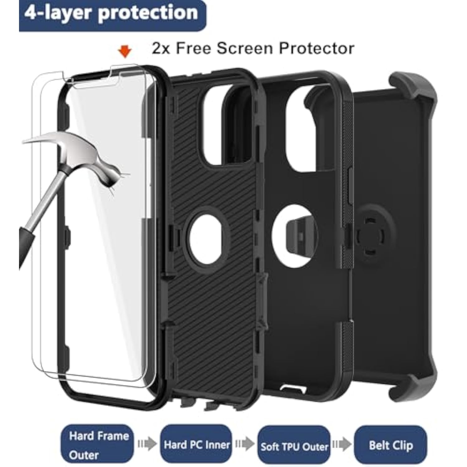 For Iphone 16 Pro Phone Case,Military Grade Drop Protection Cell Phone Cover With Belt Clip Holster Stand,Screen Protector X2 Rugged Shockproof Kickstand For Iphone 16 Pro Case 6.3” (Black)