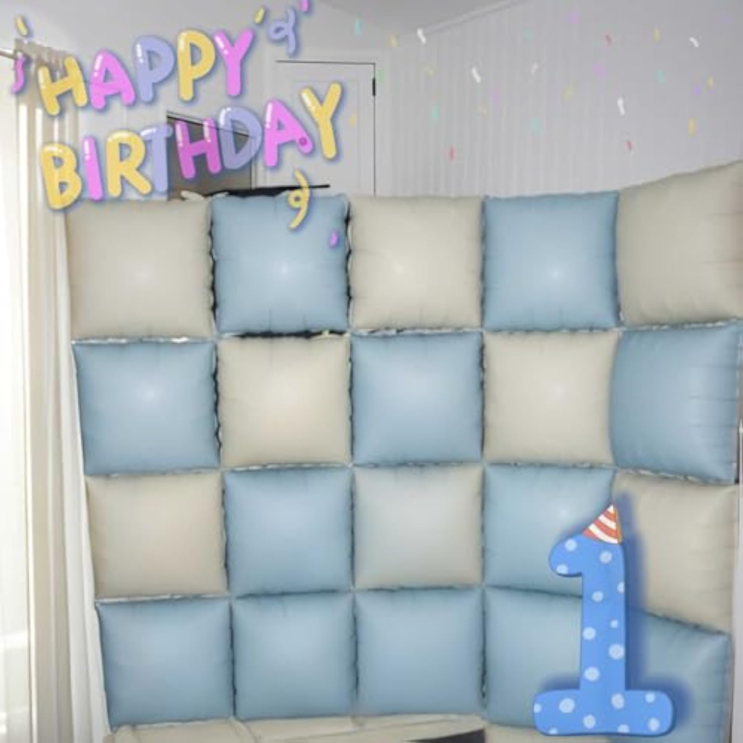 Baby Blue White Square Foil Balloons Wall, 25Pcs Dusty Blue And Pastel Cream Square Balloons Backdrop, Double Sided Tunnel Arch Background For Boho Baby Shower Boys Men Birthdays Wedding Bridal