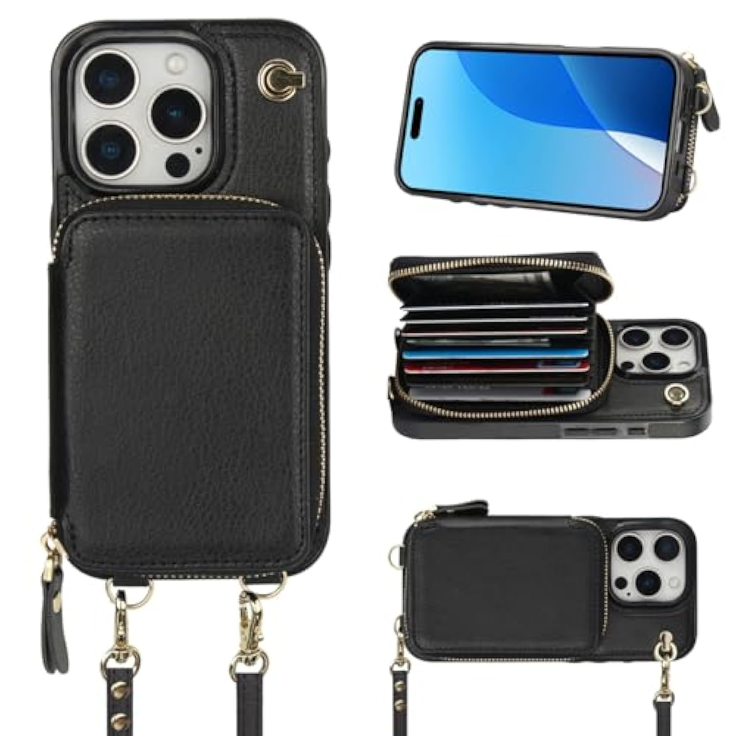 Crossbody Wallet Case For Iphone 16 Pro, Rfid Blocking Leather Purse Case With Card Holder, Protective Handbag Flip Cover With Zipper Wrist Strap Lanyard For Women 5G 6.3 Inch (Black)