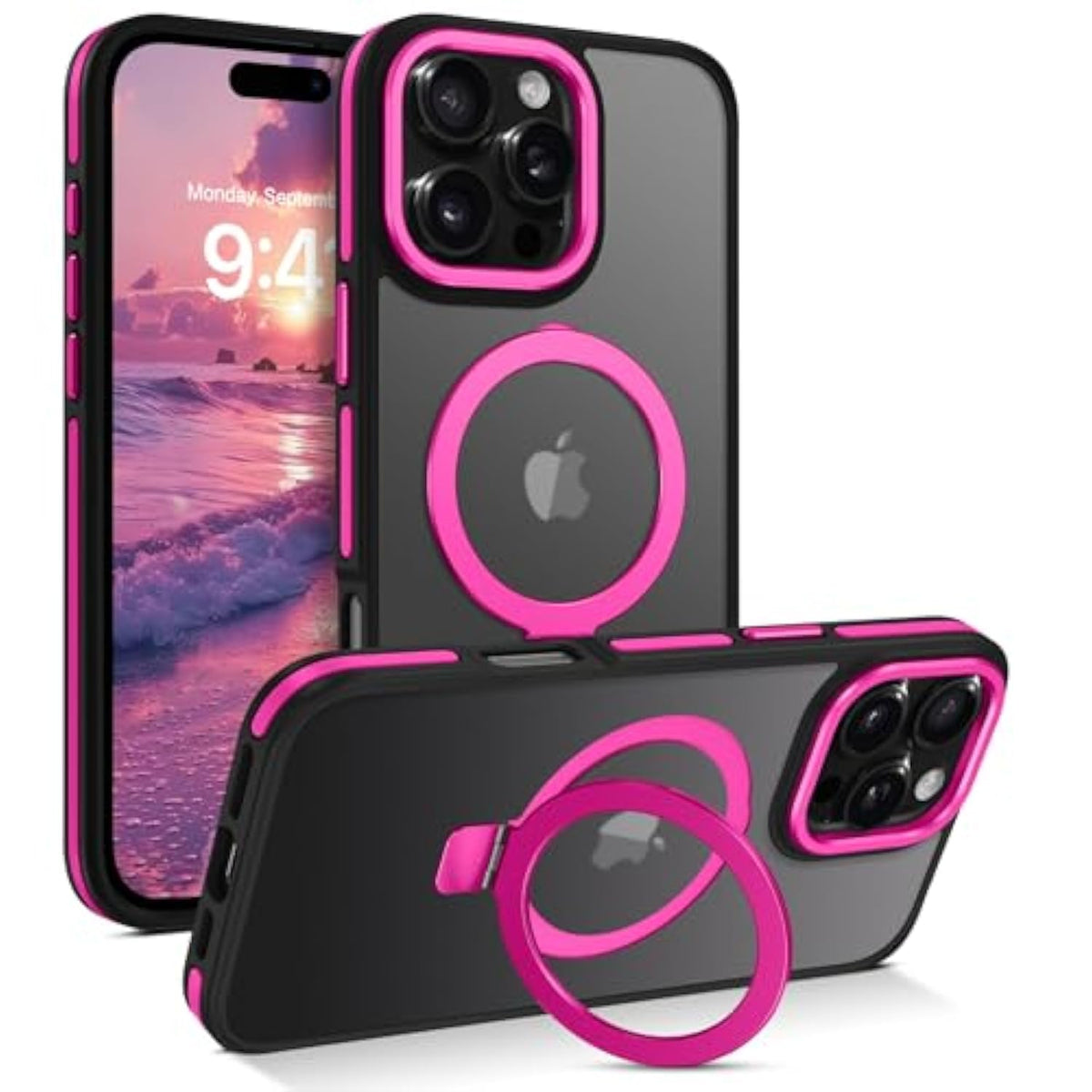Case For Iphone 16 Pro Max, Magnetic [Compatible With Magsafe] With Ring Holder Kickstand Slim Translucent Matte Men Women Shockproof Protective Back Phone Cover 6.9 Inch, Hot Pink/Black