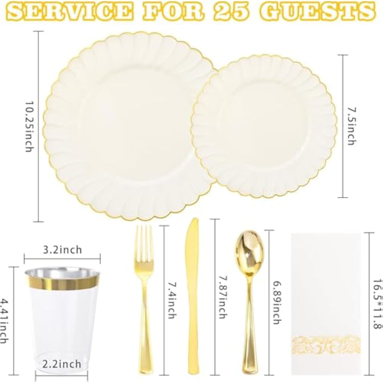 175Pcs Ivory Scalloped Plastic Plates - Gold Disposable Dinnerware Set Include 50 Plates, 75 Gold Silverware, 25 Cups, 25 Napkins For Party & Wedding