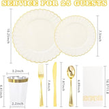 175Pcs Ivory Scalloped Plastic Plates - Gold Disposable Dinnerware Set Include 50 Plates, 75 Gold Silverware, 25 Cups, 25 Napkins For Party & Wedding