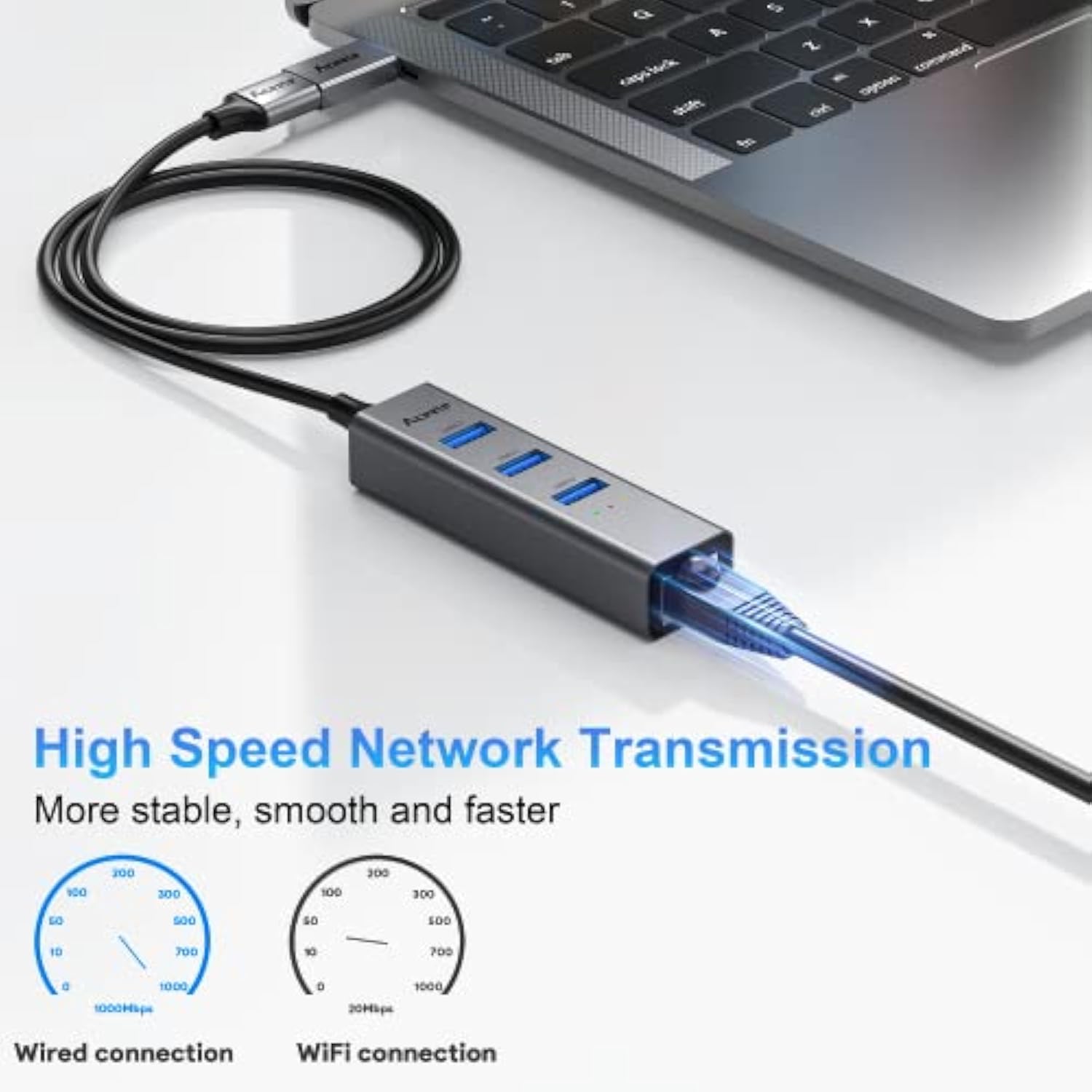 Usb And Usb C To Ethernet Adapter, 3.3Ft Long Cord,Aluminum 3 Ports Usb 3.0 Hu