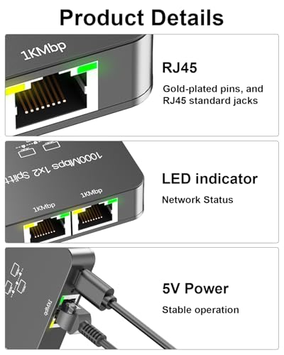 Ethernet Splitter 1 To 2 With Ethernet Cable, Gigabit Rj45 Internet Splitter Adapter 1000Mbps High Speed For Cat 5/5E/6/7/8 Cable,Grey