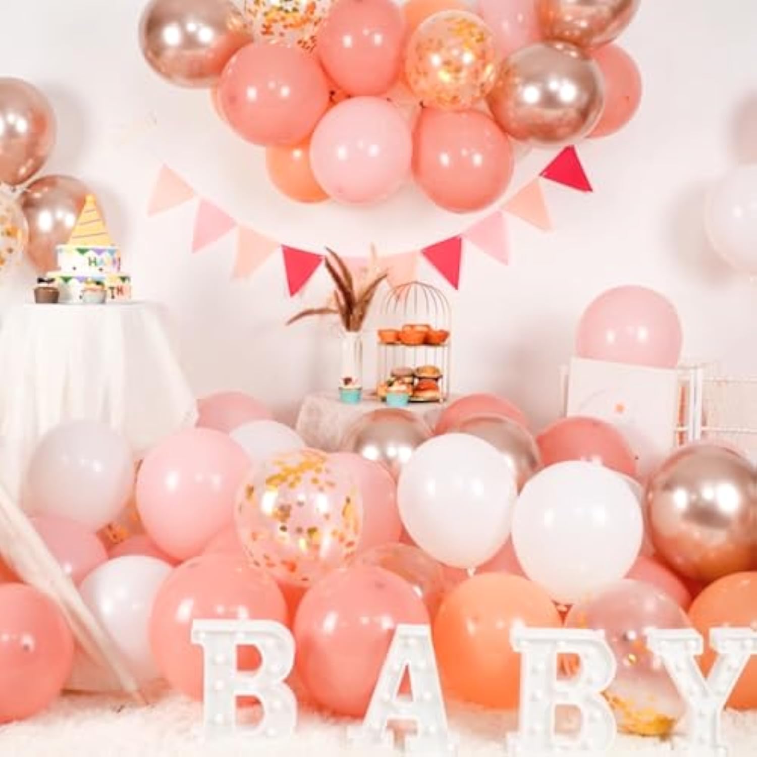 Blush Pink Balloon Set, 50 Pcs Pink And Champagne Gold, 12 Inch Dusty Pastel Pink Apricot Metallic Gold Confetti For Boho Birthday Bridal Shower Bachelorette Party Supplies