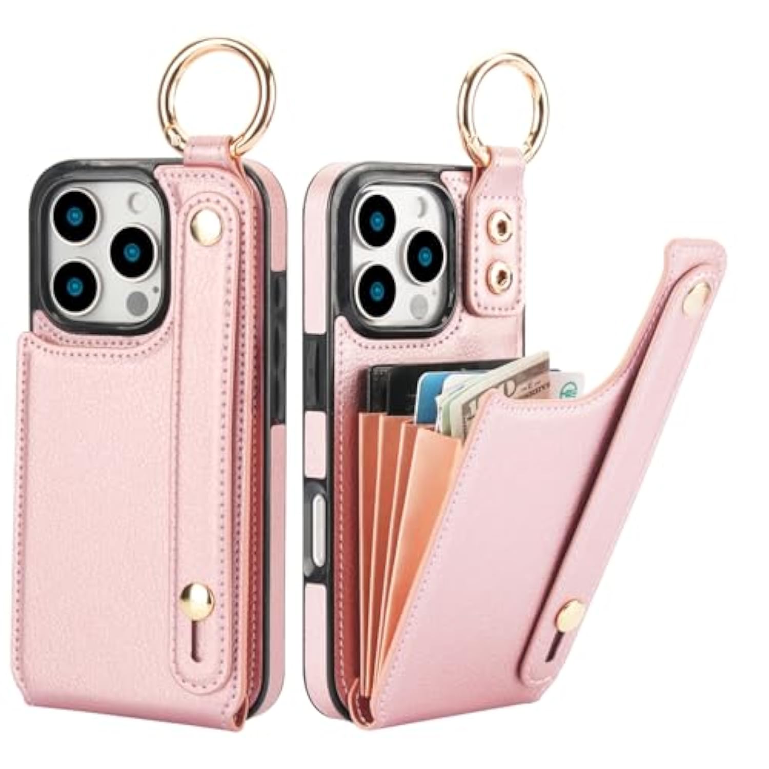 For Iphone 16 Pro Wallet Case With Card Holder, Hand Wrist Strap Loop Holder Kickstand, Rfid Blocking Finger Grip Ring Pu Leather Double Buttons Shockproof Cover 6.3" Rose Gold