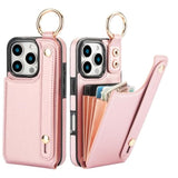 For Iphone 16 Pro Wallet Case With Card Holder, Hand Wrist Strap Loop Holder Kickstand, Rfid Blocking Finger Grip Ring Pu Leather Double Buttons Shockproof Cover 6.3" Rose Gold