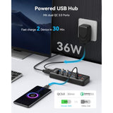 Powered Usb Hub, 6-Port Usb 3.0 Hub Splitter (4 Usb 3.0 Data Ports + 2 Qc 3.0 Fast Charging Ports) With Individual Led On/Off Switches, Usb Hub 3.0 Powered With 36W Ac Adapter For Mac, Pc