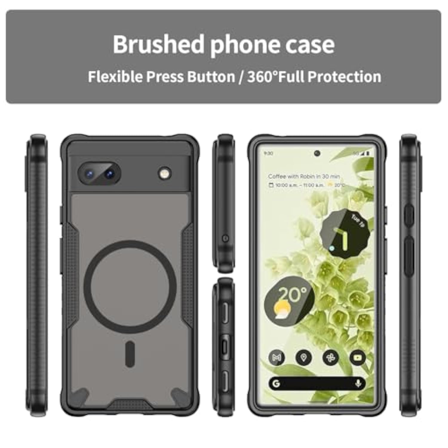 For Google Pixel 6A Case With Magsafe Magnetic Slim Shockproof Protective Case,Translucent Matte Back With Lanyard Strap And 2 * 9H Tempered Glass Screen Protector Phone Cover 6.1-Inch-Black