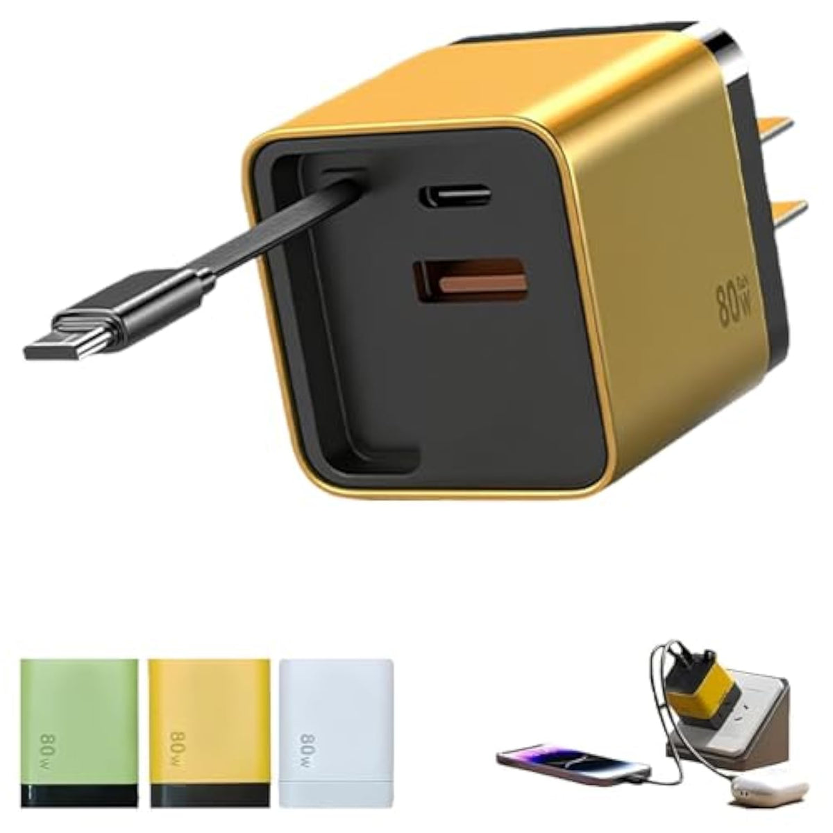3 In 1 Charger,80 Watt All In One Charger Scalable 80W Max Fastcharger Module With Type-C Cable And 2 Usb Ports, For Phones,Tablets?Yellow?