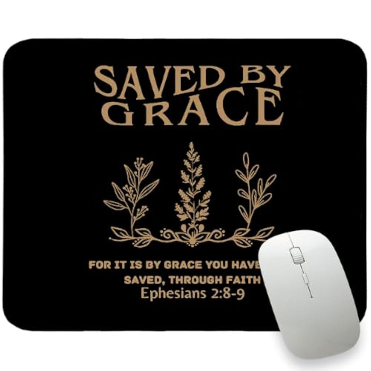 Christian Mouse Pad Bible Verses Small Mousepad, Saved By Grace Ephesians 2:8-9, Rectangle Black And Gold Travel Computer Mouse Pad For Laptop, Inspirational Christian Gifts For Women 11.8X9.8