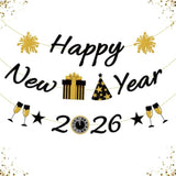 2026 Happy New Year Black and Gold Banner Party Decor No DIY