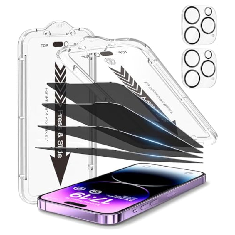 -4 Pack For 14 Pro Max Privacy Screen Protector[6.7 Inches] With 2 Pack Camera Lens Protector, [Drop Protection] 9H Hardness Scratch Resistant Tempered Glass Film, Easy To Install