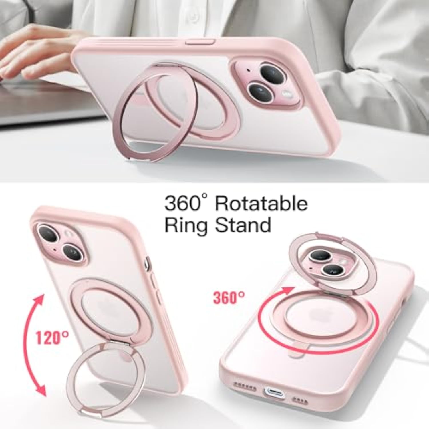 JETech 360 Degree Rotatable Ring Case for iPhone 15 Plus 6.7-Inch Compatible with MagSafe, Slim Shockproof Phone Cover with Stand & Ring Holder (Pink)