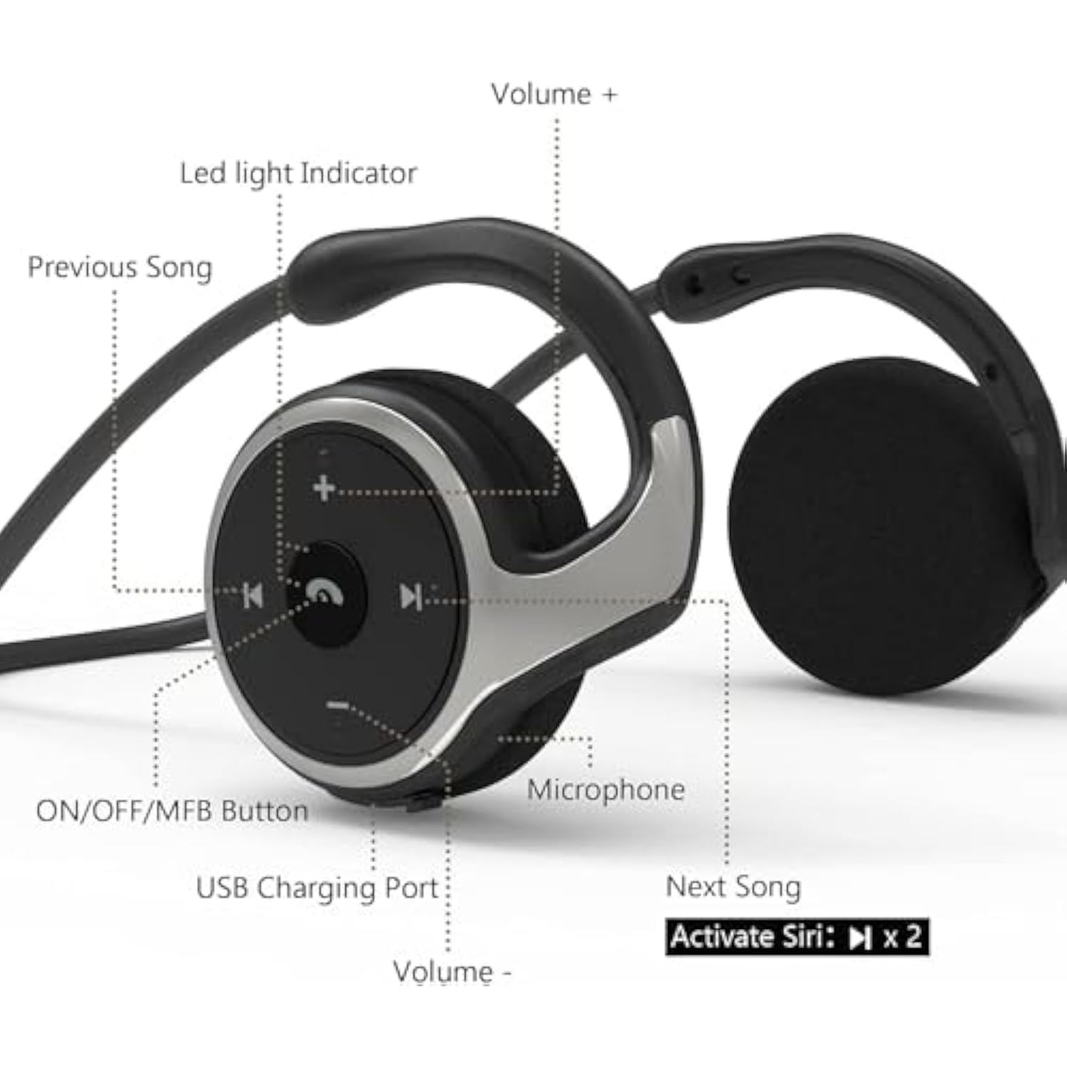 Behind The Head Headphones, Bluetooth 5.0 Neckband Around Head Headphones Lightweight Small Foldable Wireless Sports Sweatproof Headset With Microphone & Carrying Case (Black)
