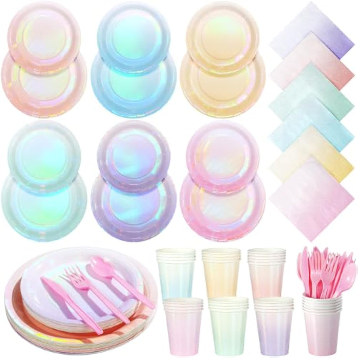 Iridescent Pastel Plates And Napkins Serve 25, Pastel Rainbow Holographic Party Plates Supplies, Disposable Paper Plates Napkins Cups Knives Forks For Birthday Wedding Baby Shower Party Decorations