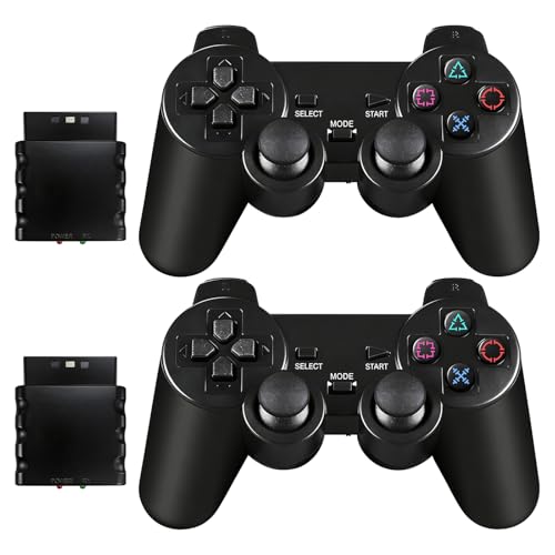 PS2 Controller, 2 Packs 2.4GHz Wireless Controller for PS2/PS2 Slim/PS1, Wireless PS2 Replacement Controller, Double Vibration, Black