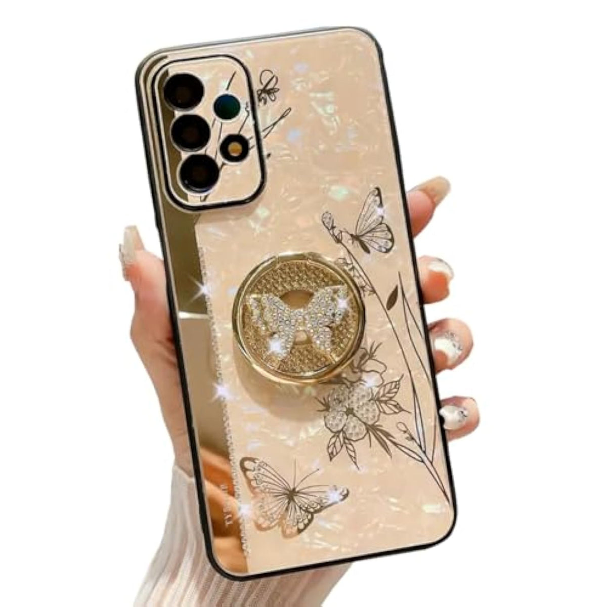 Topwin Galaxy A32 5G Kickstand Case, Cute Marble Conch Shell Floral Butterfly with Ring Stand Elegant Shockproof Protective Cover for Girls Women for Samsung Galaxy A32 5G (Rose Gold)