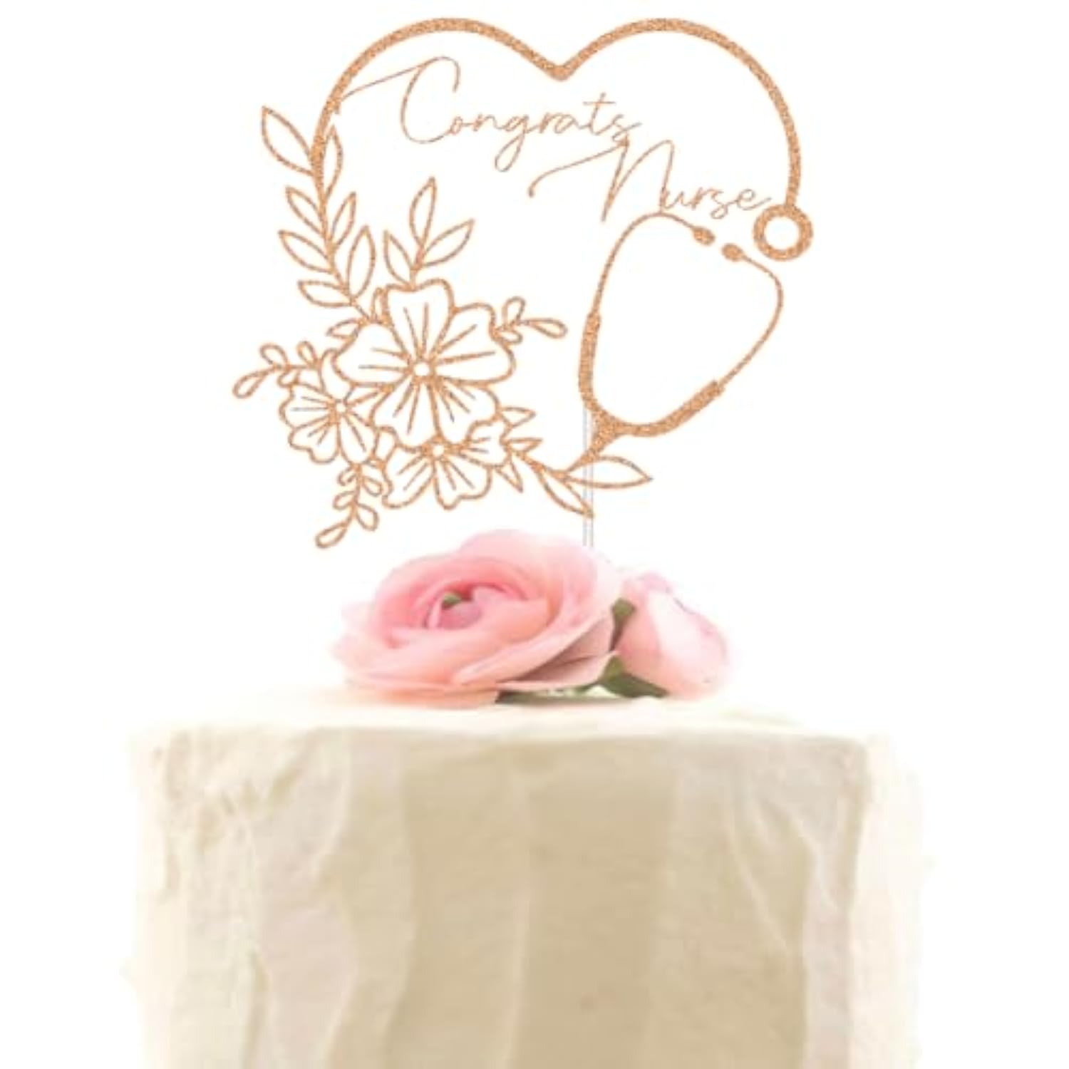 Rose gold “Congrats Nurse” glitter cake topper for BSN/RN graduation party décor