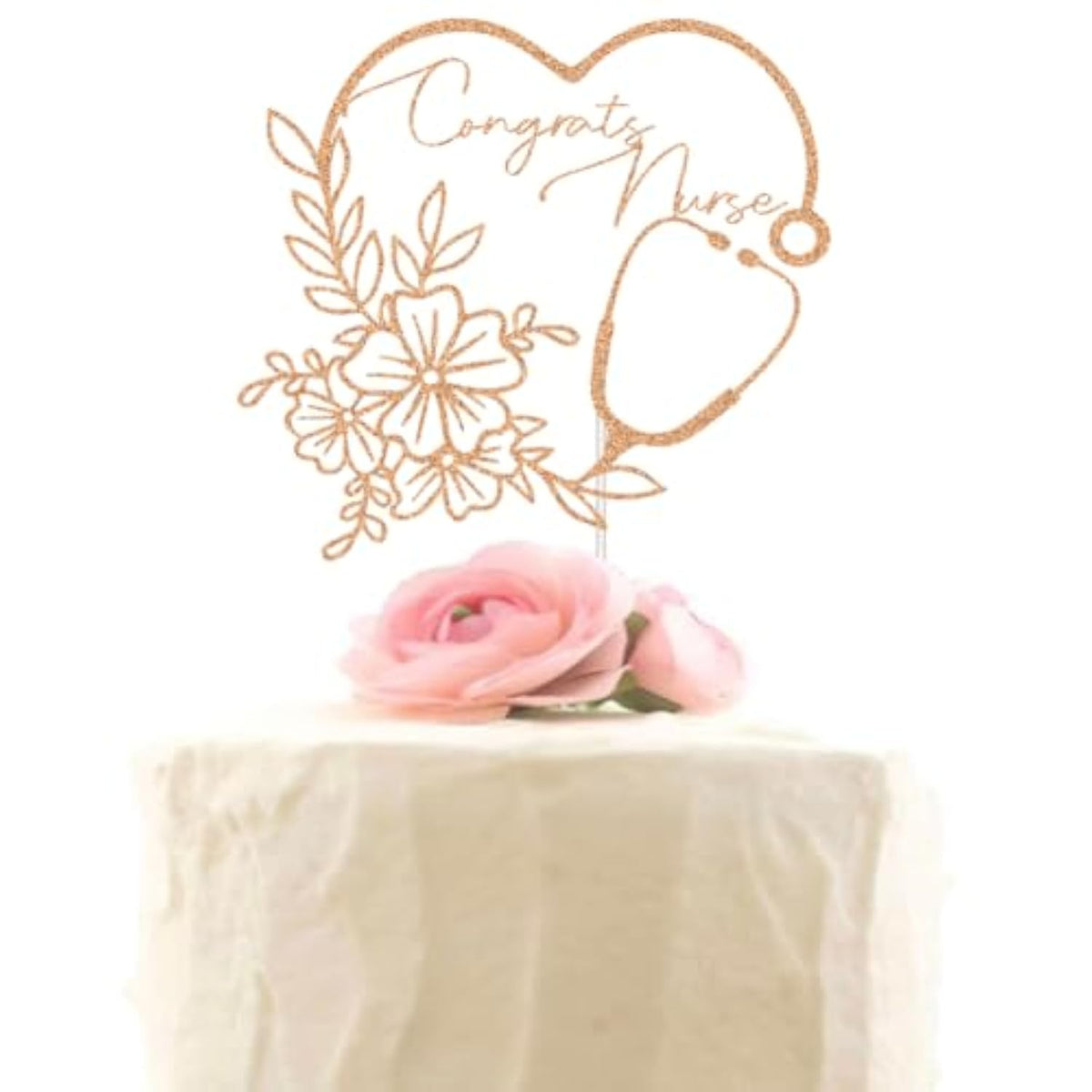 Rose gold “Congrats Nurse” glitter cake topper for BSN/RN graduation party décor