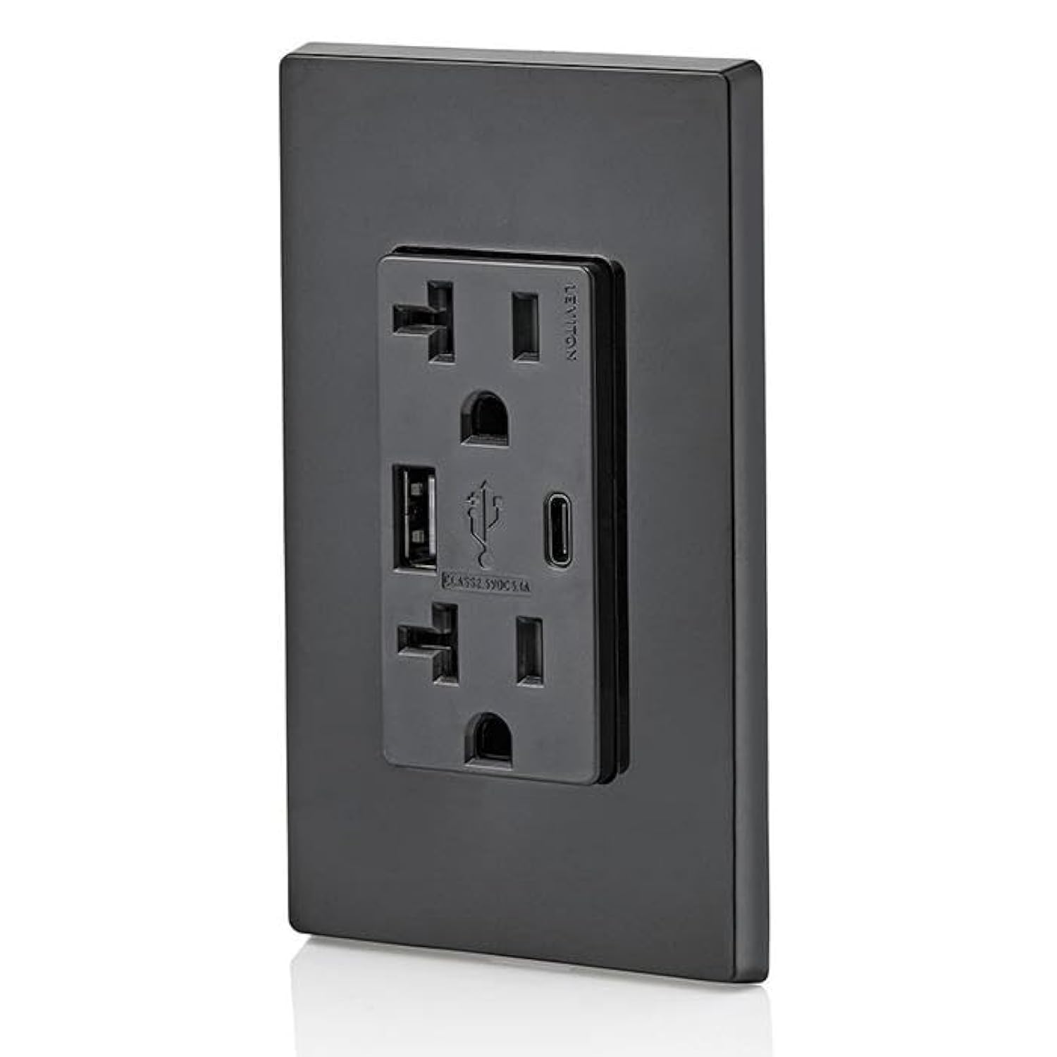 Leviton Type A & Type-C USB In-Wall Charger with 20A Tamper-Resistant Outlet, USB Charger for Smartphones and Tablets. Not for Laptops, T5833-E, Black