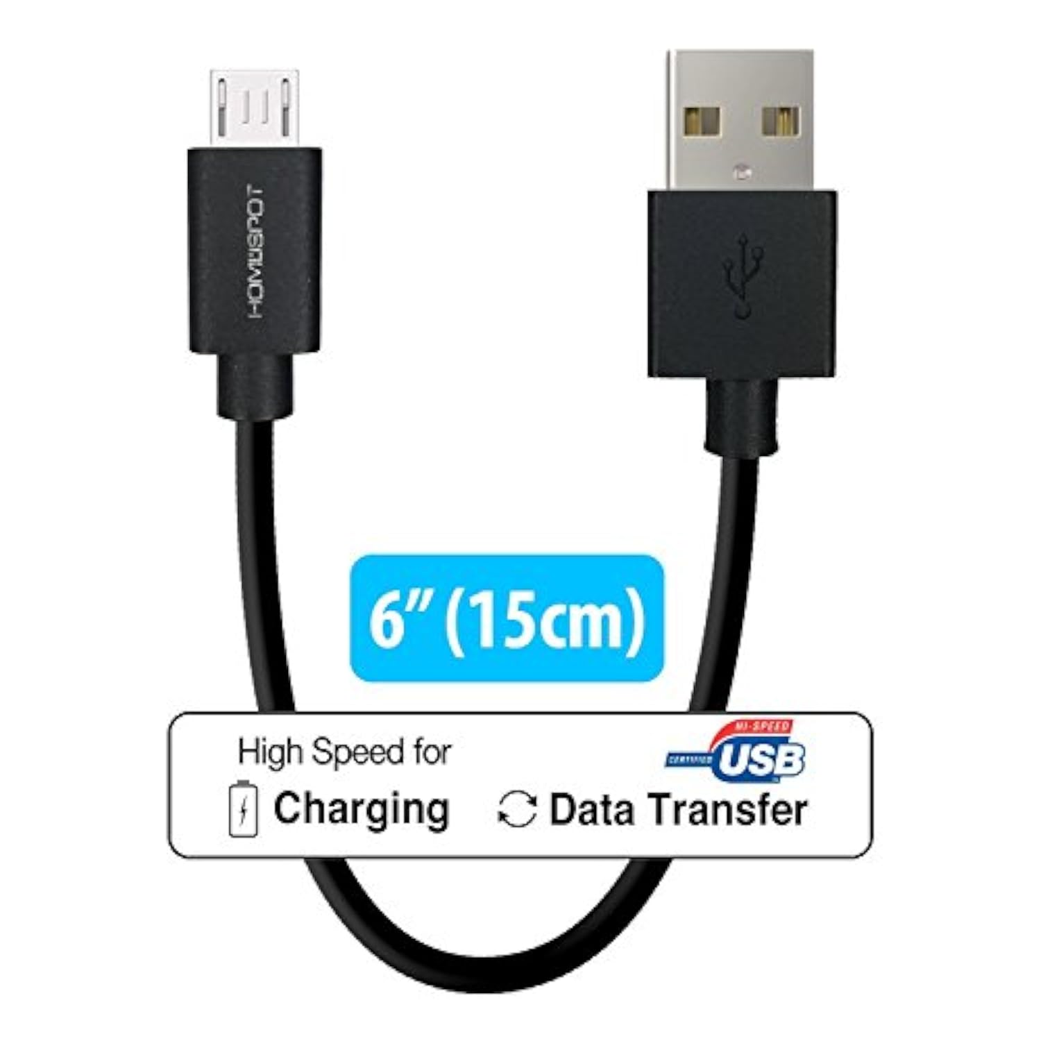 Short Android Phone Charger 6-Inch [4 Pack] by HomeSpot Tangle-Free USB Cable for Android Charging Cable for Galaxy S7/S6, Sony, Motorola - Black