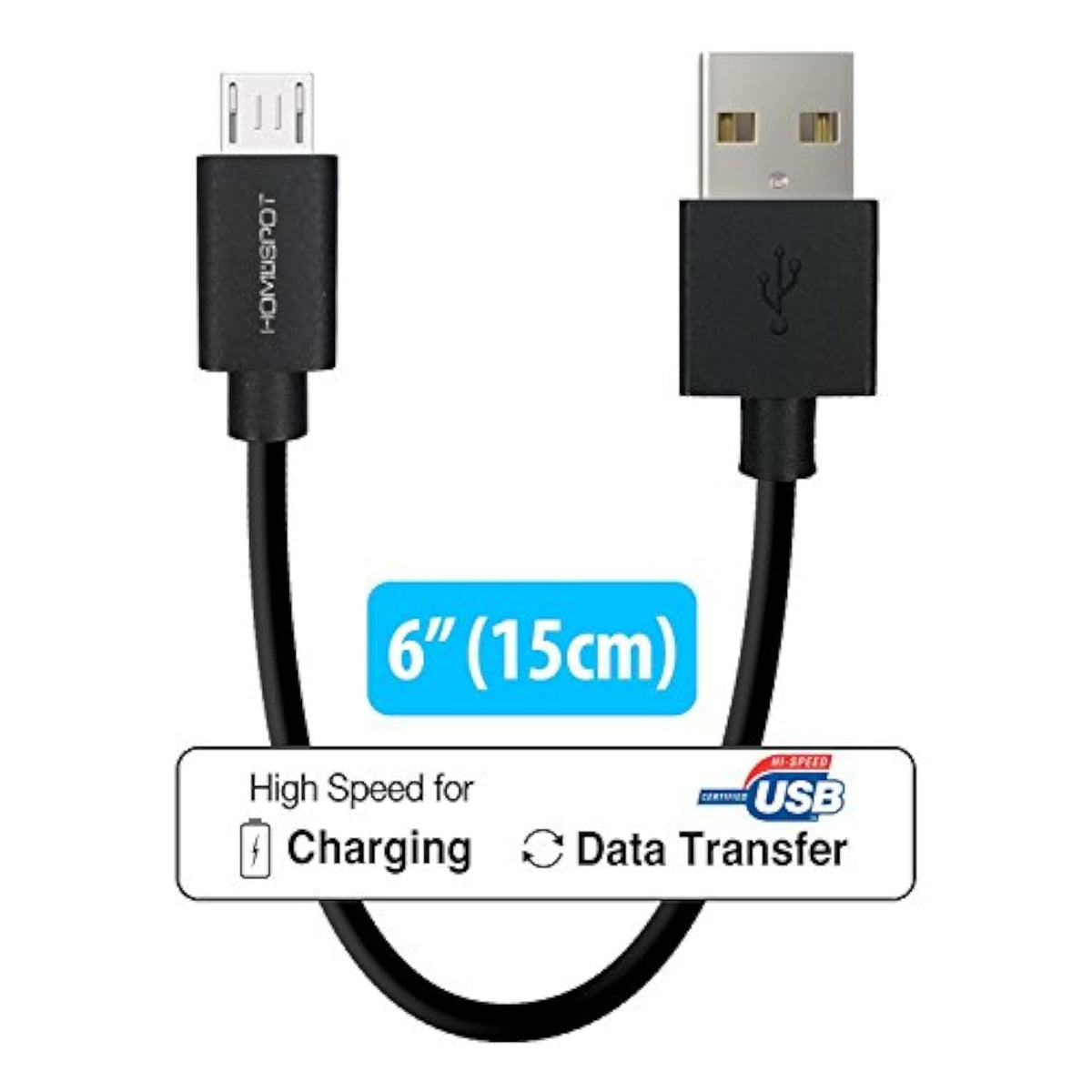 Short Android Phone Charger 6-Inch [4 Pack] by HomeSpot Tangle-Free USB Cable for Android Charging Cable for Galaxy S7/S6, Sony, Motorola - Black