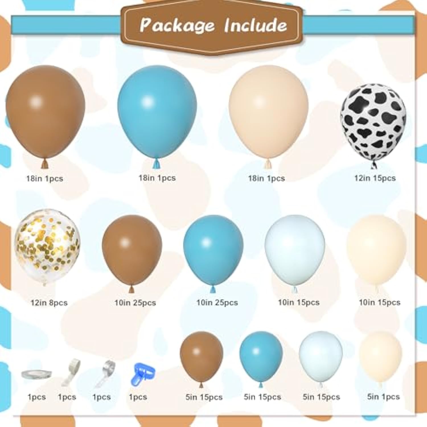 170pcs Blue Cowboy Balloon Arch Kit with Cow Print & Confetti for Baby Shower