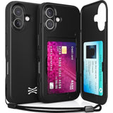 Cx Slim For Iphone 16 Case Wallet | Protective Shockproof Heavy Duty Cover With Hidden Card Holder & Card Slot | Mirror & Wrist Strap Included - Black