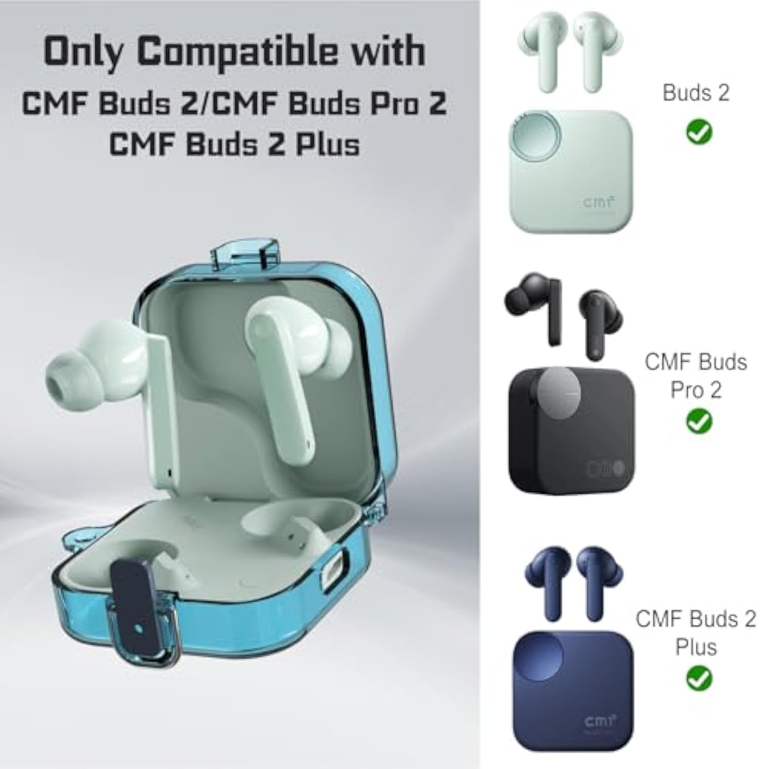 For Cmf Buds 2 Plus/Cmf Buds 2 / Cmf Buds Pro 2 Case With Safety Lock, Flexible Tpu Clear Protective Case With Cleaner Kit & Carabiner Accessories Set(Clear Blue)