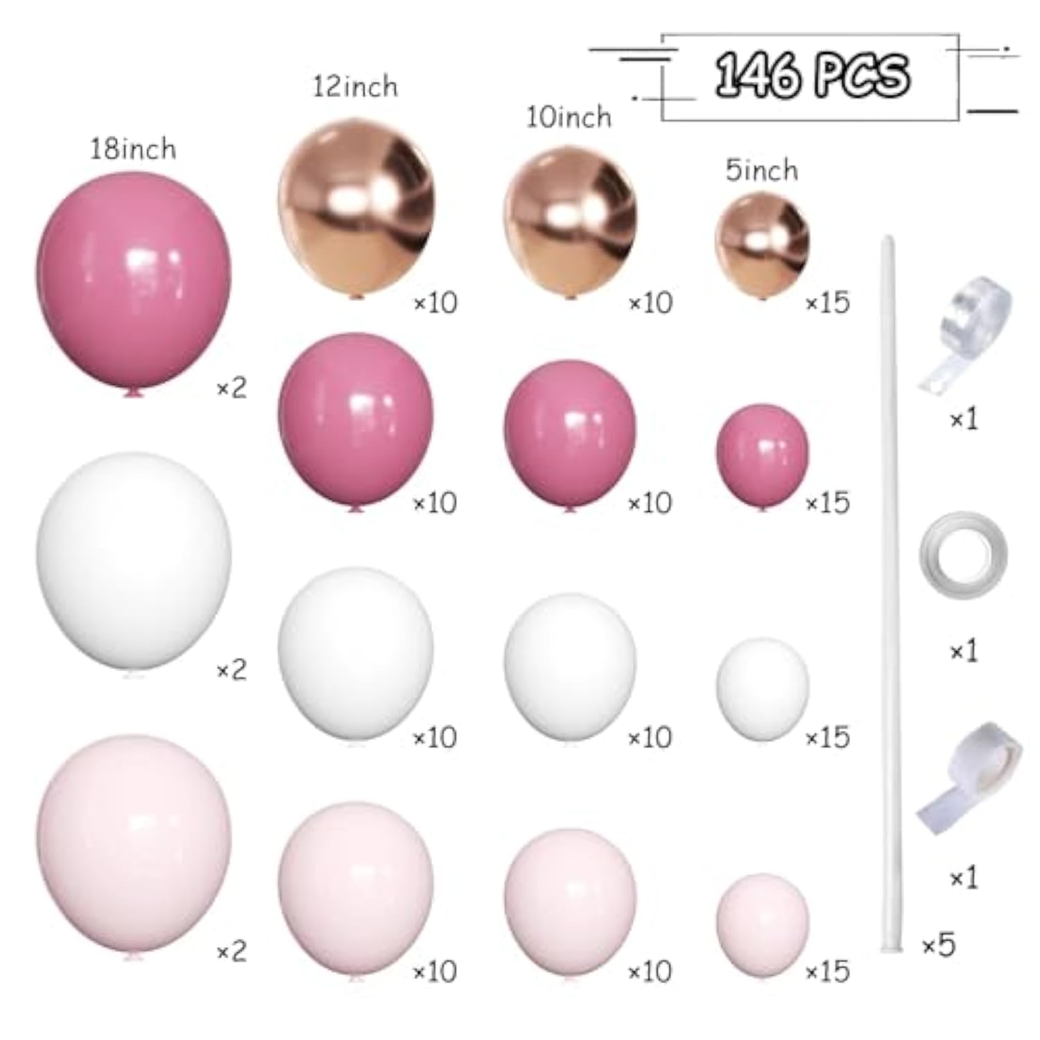 Dusty Hot Pink White Gold Balloon Garland Arch Kit, 146Pcs Retro Hot Pastel Pink Champagne Gold Sand White Latex Balloons Different Sizes For Wedding, Birthday, Graduation Party Decorations