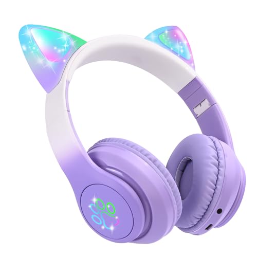 Kids Wireless Headphones LED Light up Cat Bluetooth Headphones, Color Changing Cat Ear Wireless Headsets with Microphone for
