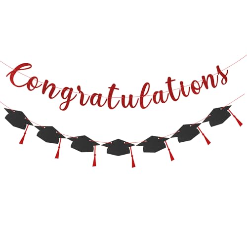 Class of 2026 Graduation Decorations Pre-Strung Glitter Congratulations Banner with Grad Cap Banner Graduation Garland for High School College 2026 Grad Party Supplies(Purplish Red)