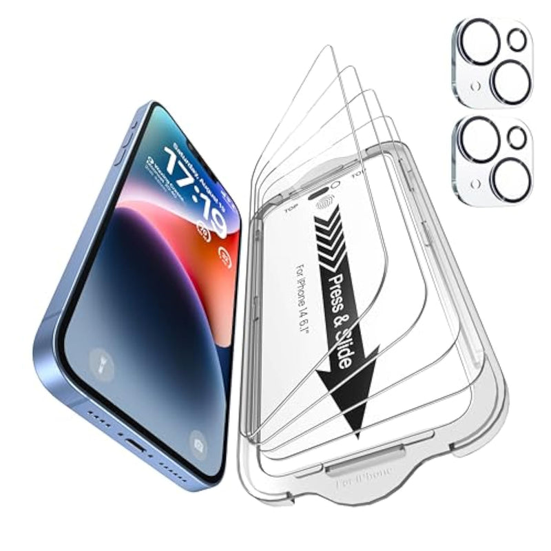 -4 Pack For Iphone 14 Screen Protector[6.1"] With 2 Pack Camera Lens Protector, 9H+ Hardness 12Ft Military Grade Shatterproof Scratch Resistant Durable Tempered Glass Film With Flawless Fit Kit, Hd Clear