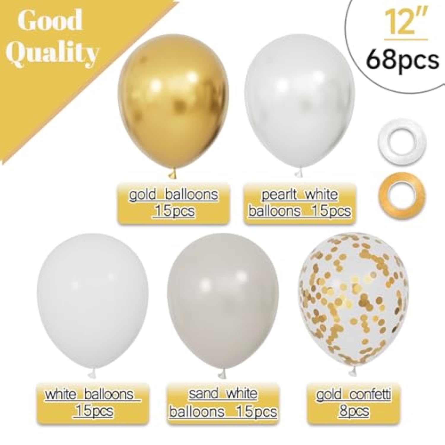 68pcs Sand White Gold Confetti Balloons 12in Party Decor with Ribbons