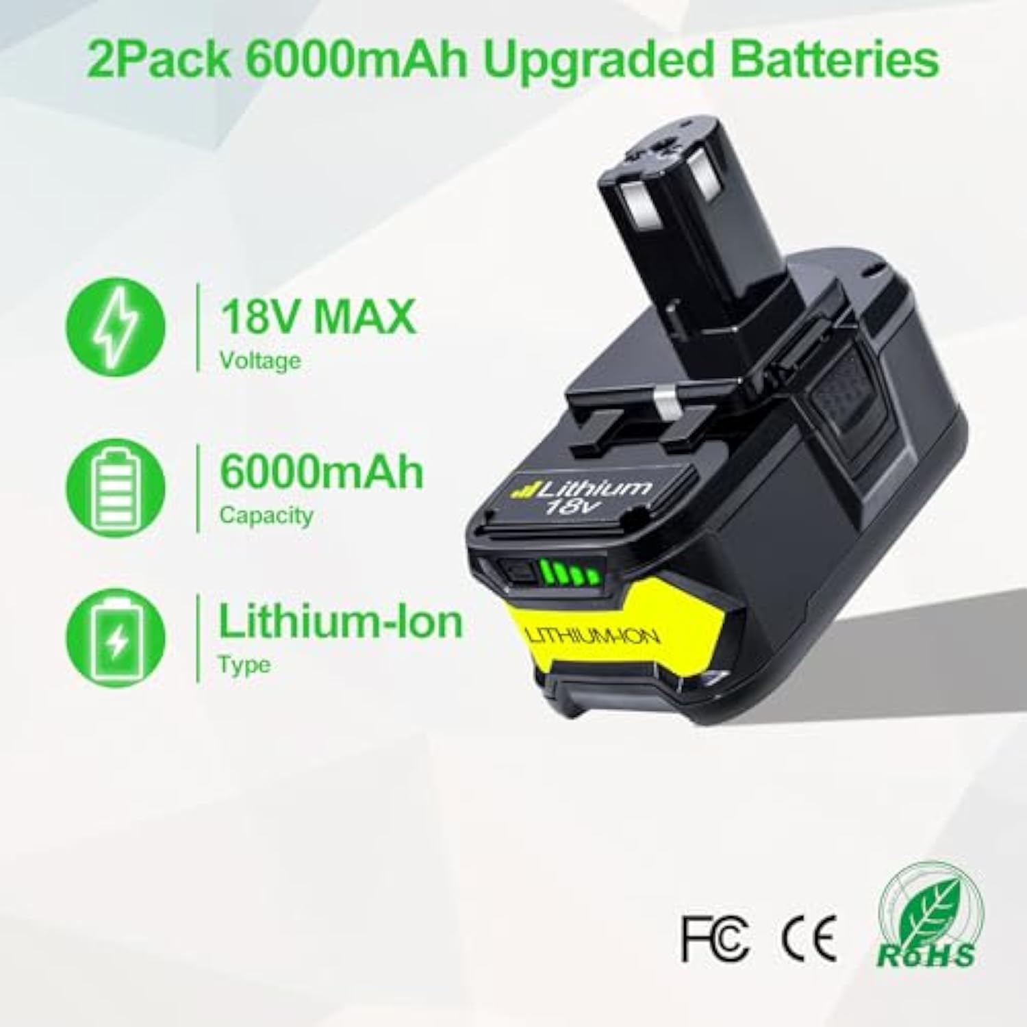 6.0Ah Battery Replacement For Ryobi 18V Battery One+ P108 P102 P103 P104 P105 P107 Compatible With Ryobi 18V Cordless Powertools