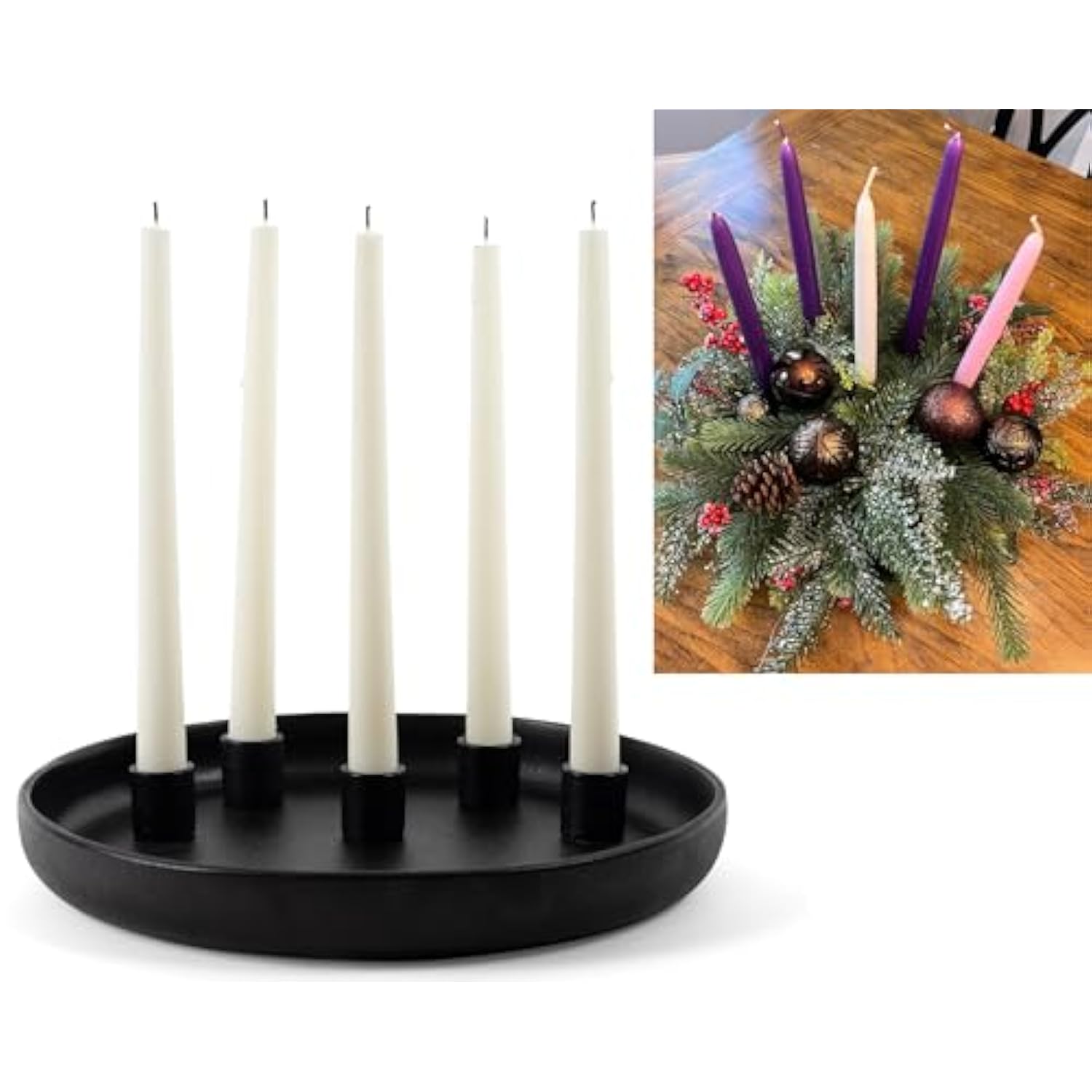 Black Candlestick Holders - Large Ceramic Black Taper Candle Holder W/ 12” Round Base & 5 Holders, Advent Wreath, Christmas, Fall & Halloween Decor Candle Holders