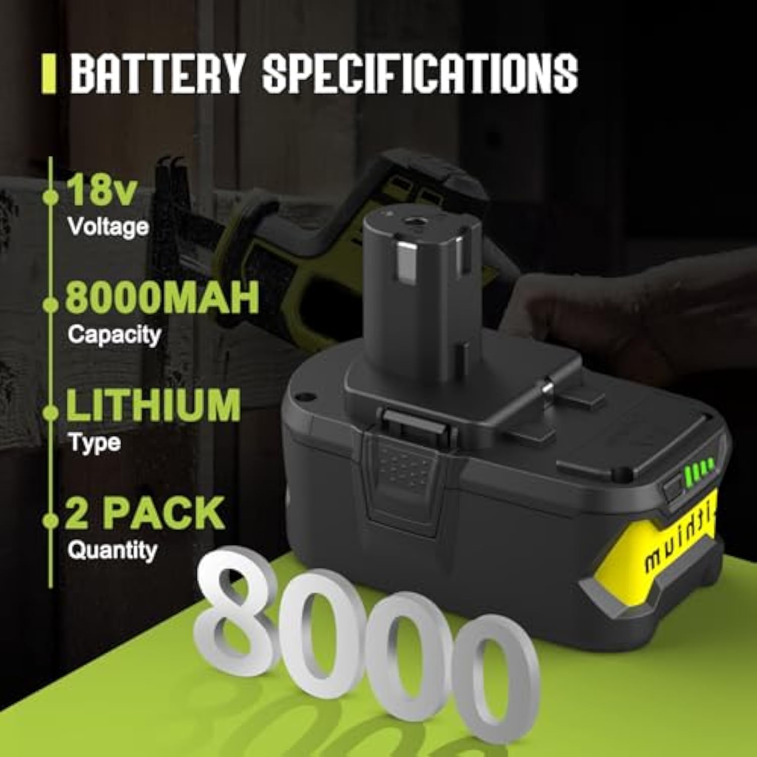 2Pack 8.0Ah Replacement For Ryobi 18V Battery For Ryobi One+ P108 P107 P105 P104 P103, With P117 2-Port Ryobi 18V Battery Charger
