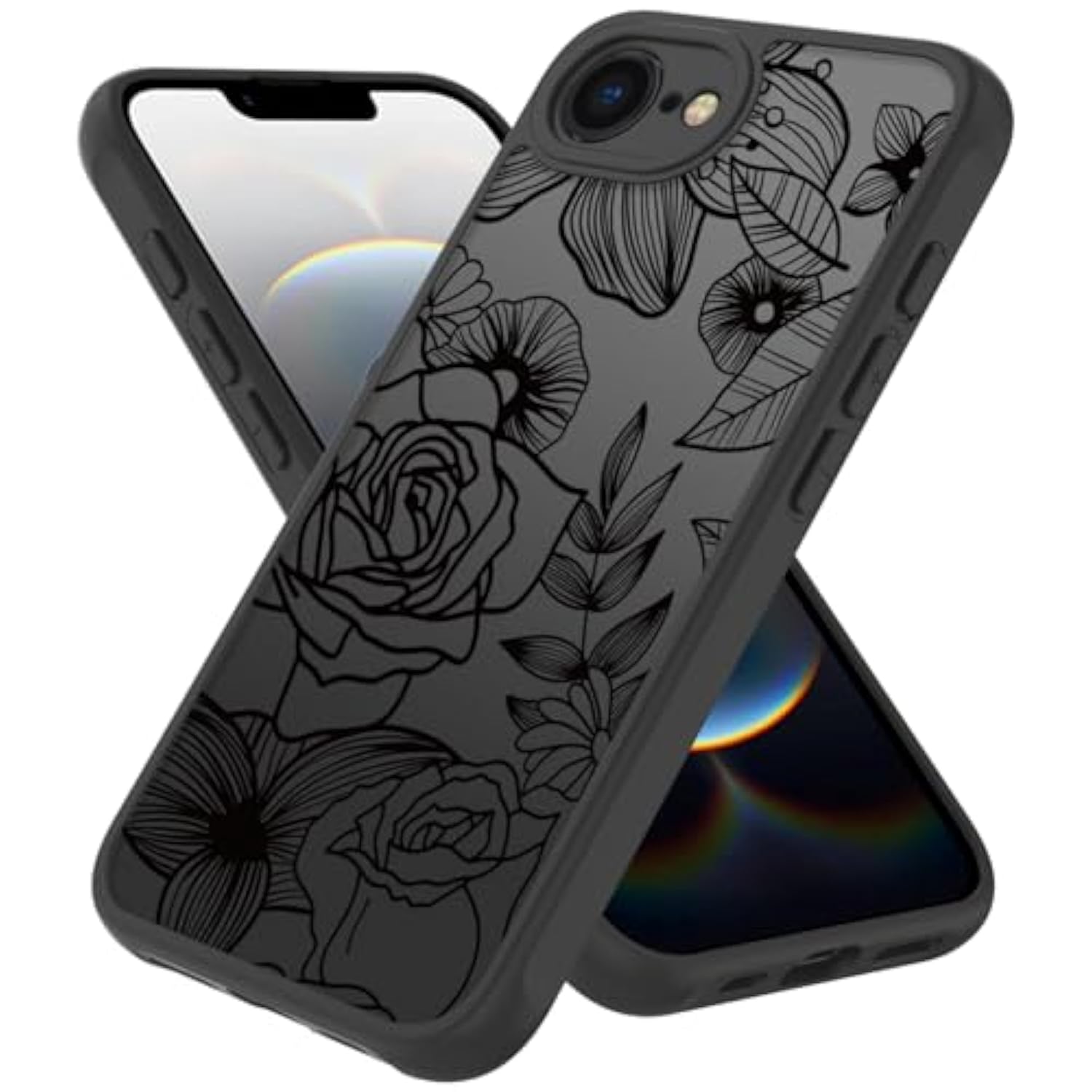 Cute Flower Phone Case Compatible With Iphone 16E, Rose Aesthetic Black Line Art Floral Pattern Print, Hard Pc Heavy Duty Protection Shockproof Cover For Girls Women