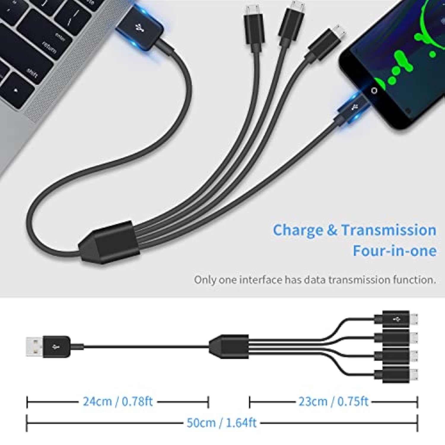 Micro Usb Multi Charging Cable 1.5Ft, Micro Usb Splitter Cable, Usb2.0 Type A