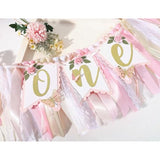Pink And Gold High Chair Banner- Floral And Butterfly One Highchair Banner, 1St Birthday Party Decoration For Girls, Pink 1St Birthday Decor