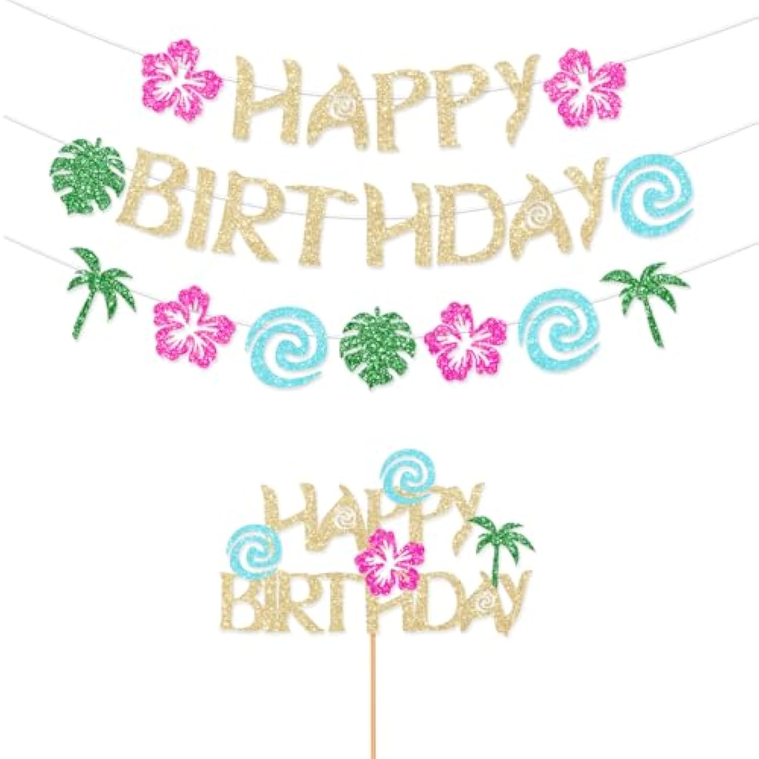 Hawaiian Moana Birthday Banner Party Decoration Glittery Gold Cake Topper For Happy Birthday Tropical Luau Summer Baby Shower Decor