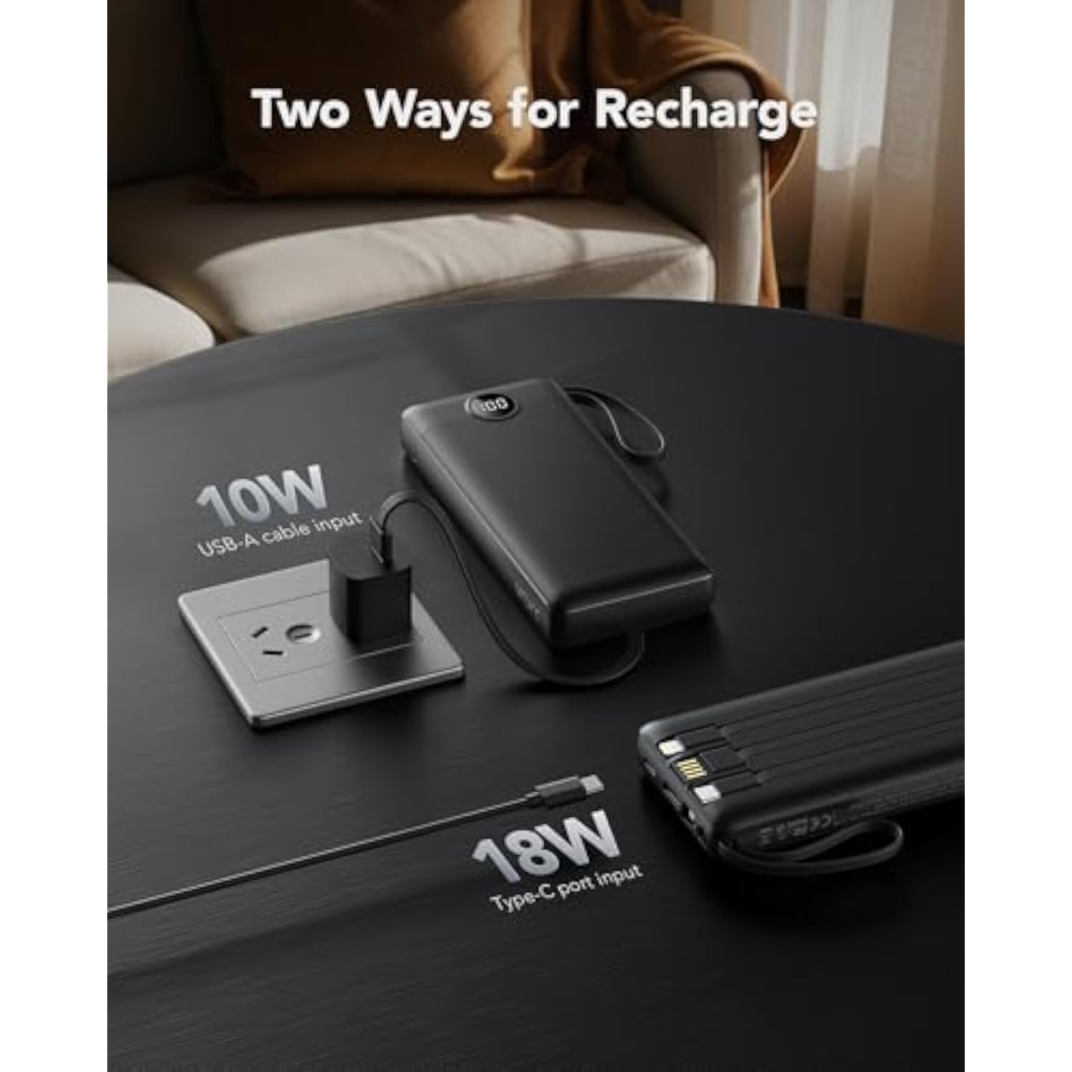 Portable Charger 20000Mah, Built-In Cable Fast Charging Power Bank, Pd Qc 3.0 Travel Essentials Battery Pack, 4 Output & 2 Input Phone Charger For Iphone,Samsung, Android-Black