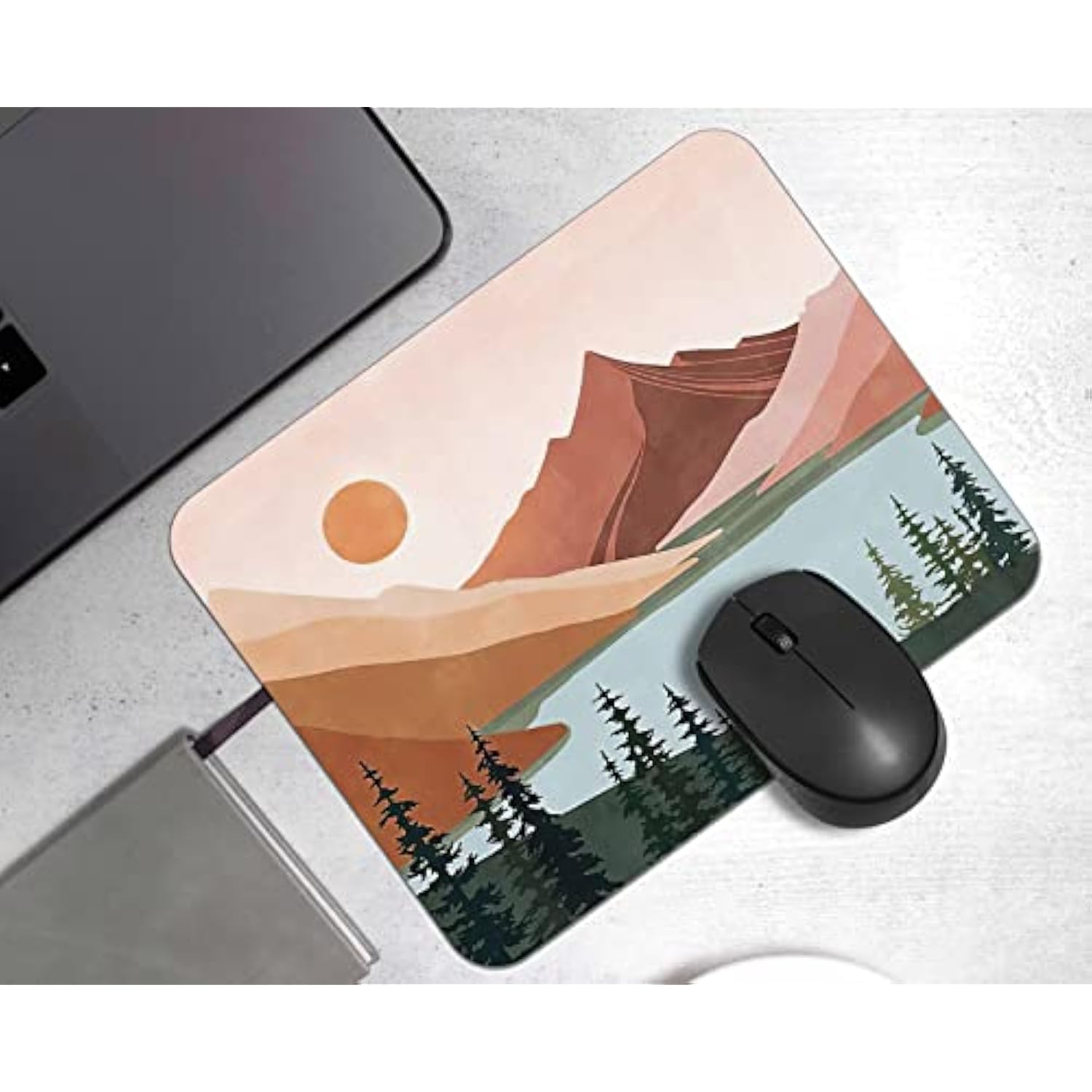 Abstract Boho Sun Mountain Forest Lake Nature Landscape Mousepad 9.5×7.9 Inch Non-Slip Rubber Base Square Mouse Pads For Computers Laptop Office Home Dorm Desk Decor,Boho Gifts For Women Girls