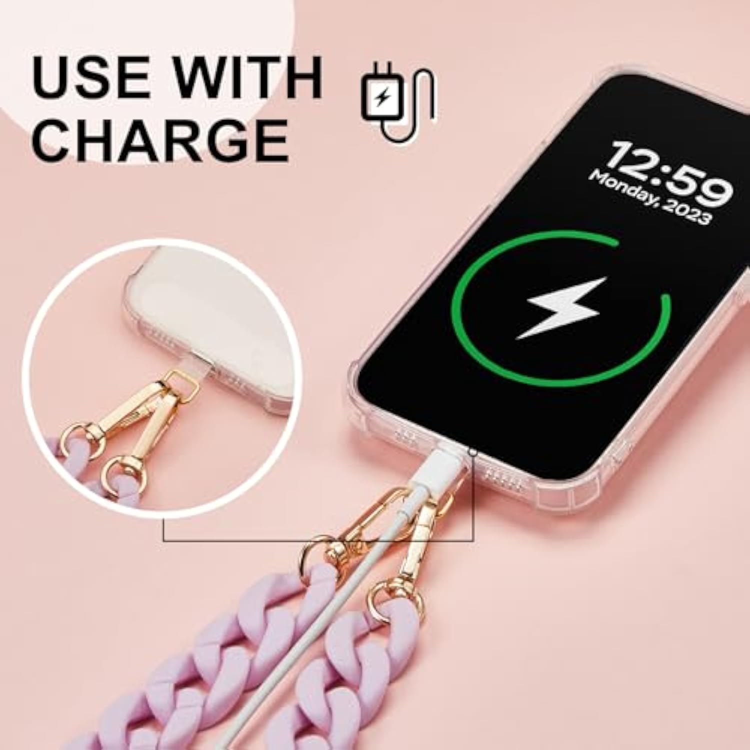 2 Pcs Crossbody Phone Lanyard Chain Charm Cell Phone Straps Compatible With Universal Cases 59 Inch(Clear, Purple)