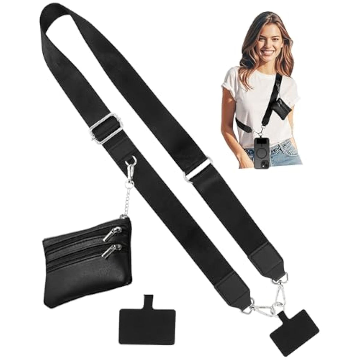 Clip-On Crossbody Phone Strap with Wallet Zippered Pouch Adjustable Black