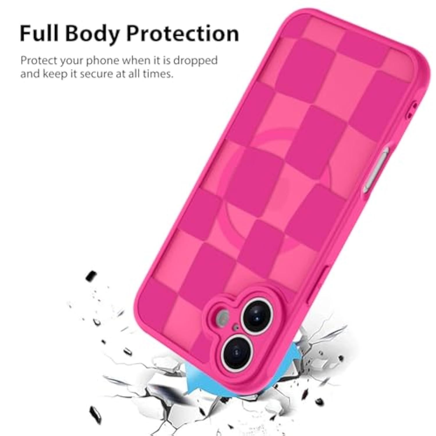 For Iphone 16 Plus Case Checkered Matte Aesthetic Cute Pattern Magnetic [Compatible With Magsafe] Slim Shockproof Full Body Protection For Girls Women -Hot Pink